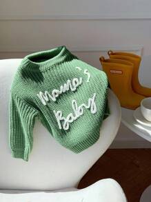 SHEIN 男婴柔软舒适休闲百搭可爱字母图案绿色圆领长袖套头衫，适合室内、户外、休闲、运动、玩耍、派对、拍照、度假、四季针织套头衫，秋冬季 - 綠色 - 查看 5