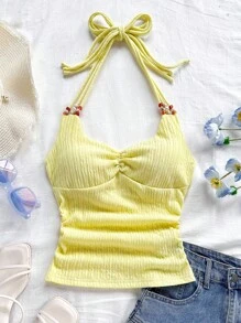 Soleia Top ajustado de tirantes en V con espalda descubierta y decoración de perlas, color amarillo, adecuado para playa, vacaciones, festivales de música, estilo bohemio - Amarillo - Ver 5