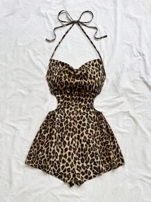 Soleia 女士度假经典豹纹露背系带圆领镂空腰部宽松下摆连体裤，适合派对、下午茶、城市街头度假 - 彩色 - 查看 3