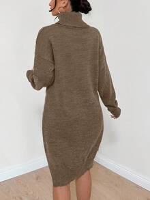 EURMUSE Cotton Mid-Length Women Knit Top With Complex Floral Knitting, Foldover Neckline, Belted Waist And Asymmetrical Hem,Jumper,Cream Jumper,Jumpers,Black Jumper,Women's Jumper,White Jumper,Women's Jumper,Women's Jumpers,Winter Clothes - Mocha Brown - View 2