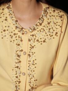 Anewsta Embellished Elegant High-Quality Beaded Yellow Cardigan - Beige - View 3
