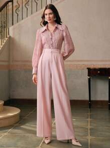 Anewsta Elegante Damen Bluse für Frühling/Herbst mit Kristalldekor, Jacquardblumen-Applikation, Kontrastspitze und Laternenärmel - Pink - Übersicht 5