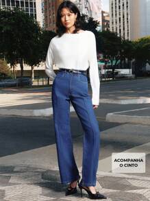 Daynim Seam Front Flare Leg Jeans With Belt - Dark Wash - View 3