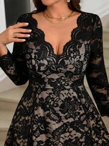 Gownix Curvy Plus Size Women's Lace V-Neck Spliced ​​Short Front And Long Back Romantic Elegant Long-Sleeved Long Dress, Suitable For Autumn And Winter, Guest Party Party Dress, Going Out,Holiday Dress,Christmas Party Dress ,Knit Dress,New Years Outfit - Black - View 6