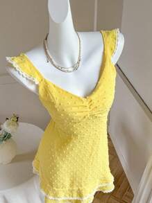 SHEIN Women's Summer Swiss Dot Ruffled Hem Yellow Mini Dress - Yellow - View 3