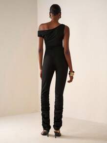 Zivah Women's Elegant Summer Black Knitted Tight Jumpsuit,One Shoulder Flower Metal Decoration Waist Gathered Long Pile Pants For Party Night Banquet Date - Black - View 2
