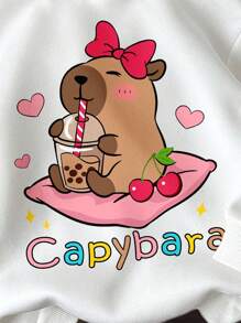 SHEIN Leap Crew Họa tiết da báo Capybara dễ thương, Họa tiết nơ anh đào dễ thương, Phong cách Kawaii, Chill Chill Summer, Áo nỉ trùm đầu dài tay dày thường ngày cho bé gái tuổi mới lớn, Thích hợp cho mùa thu/đông, Quay lại trường, Y2K, Quần áo mùa thu - trắng - Xem 3