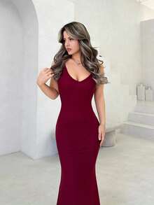 Jemour 情人节勃艮第浪漫约会派对细肩带紧身露背 V 领长款网眼女式连衣裙 - 酒紅色 - 查看 5