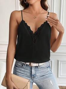 SHEIN Frenchy 刺绣网纱装饰扇贝花边吊带背心 - 黑色 - 查看 4