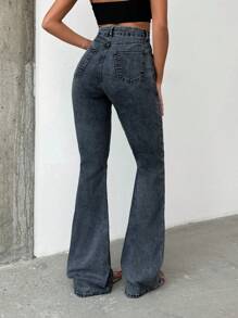 SHEIN Tall HIGH RISE FLARED LONG BLACK JEAN TALL - Dark Grey - View 2