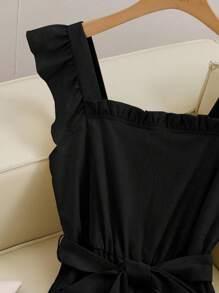 Franclia 女式春夏方领荷叶边盖袖收腰高腰系带蝴蝶结连体裤，修身 - 黑色 - 查看 4