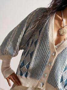 Bohemela 女士几何图案灯笼袖单排扣休闲针织开衫，秋冬季上学上衣 - 藍色 - 查看 3