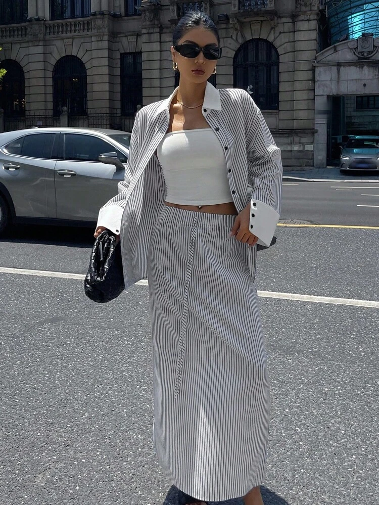 2 Pieces Set Women Blouse Top And Loose A-Line Skirt, French Retro Style