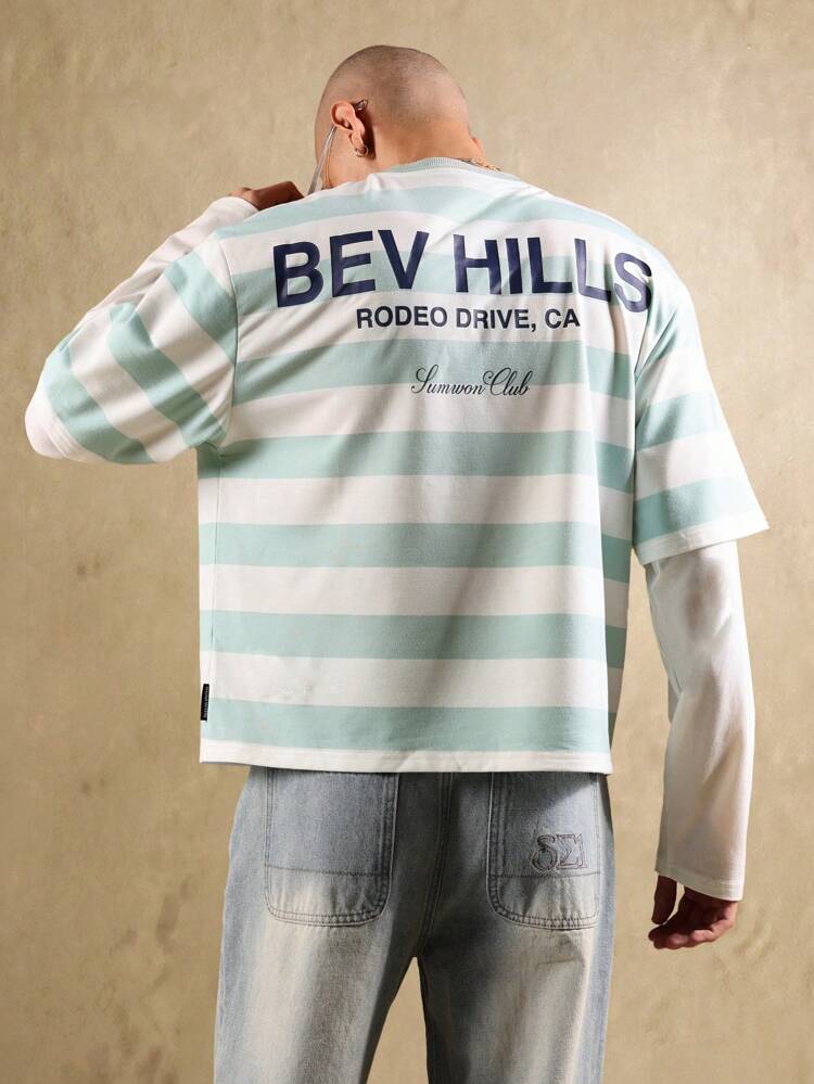 Gestreiftes T-Shirt mit mehrlagigen Ärmeln und Beverly Hills-Print
