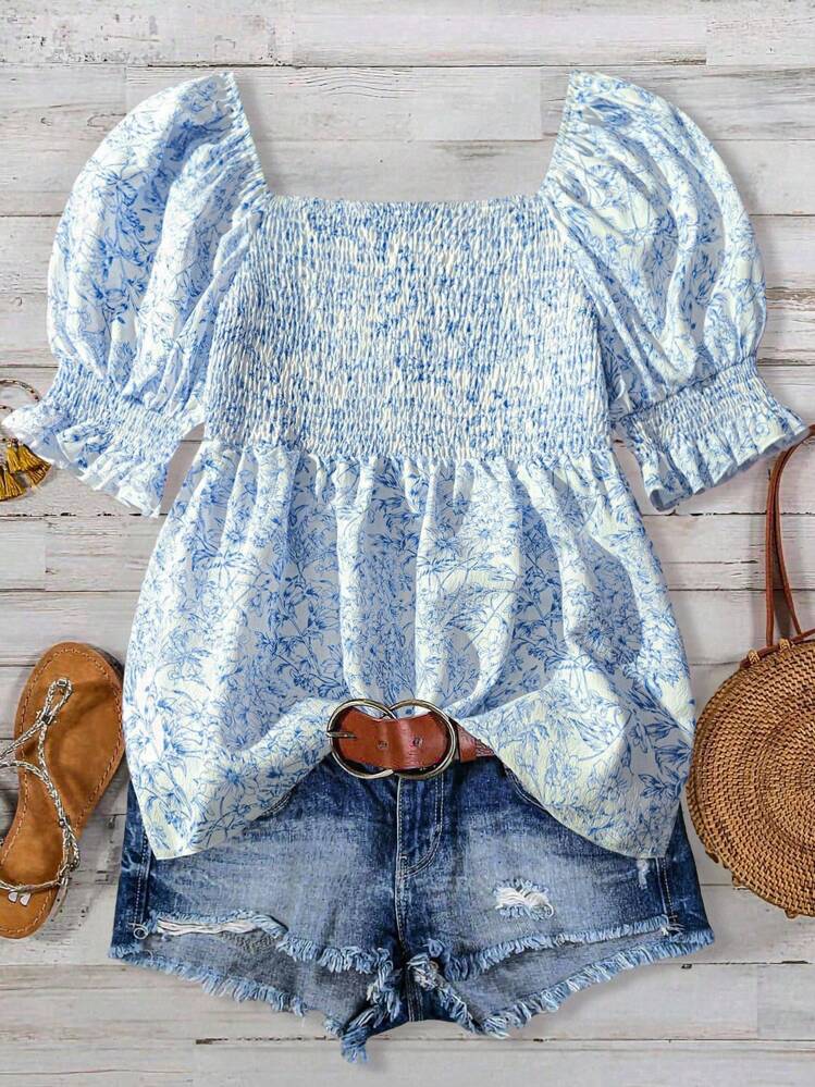 Linhara Plus Size Women's Casual Bow Textured Shirt For Outdoor Summer Wear - Blue - View 2