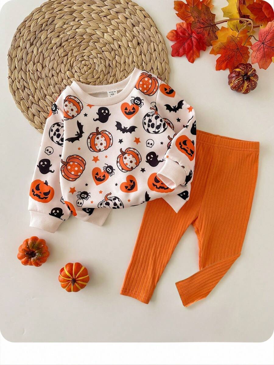 SHEIN Babygirl 可爱卡通图案长袖卫衣和松紧腰长裤套装，适合秋冬和万圣节 - 杏色 - 查看 1