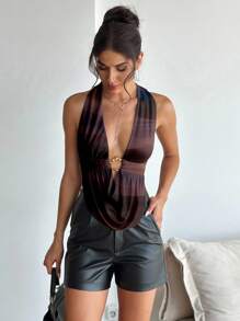 Aloruh Women's Deep Draped Neck Halter Ruched Metal Decor Sexy & Elegant Tank Top, Suitable For Summer, Gradient & Tie-Dye Printing Chocolate Brown Top Halter Top Suitable For Going Out,Off The Shoulder Top - Multicolor - View 4