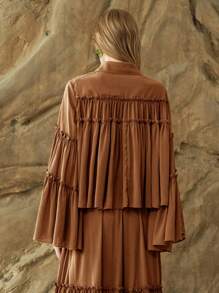 Arave 女士雪纺褶皱荷叶边系领宽松飘逸衬衫，秋季女装，外出上衣，波西米亚风美拉德印花 - 摩卡棕 - 查看 8