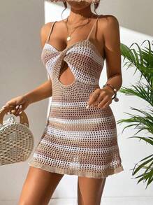 SHEIN Swim 休闲假日海滩条纹百搭罩衫连衣裙，结饰荷叶边下摆性感镂空纹理设计，春夏