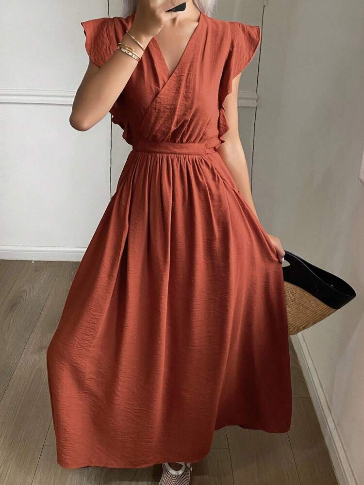 Elegant Solid Color V-Neck Ruffle Trim Mid-Length Women's Fall Dress Maxi Dress