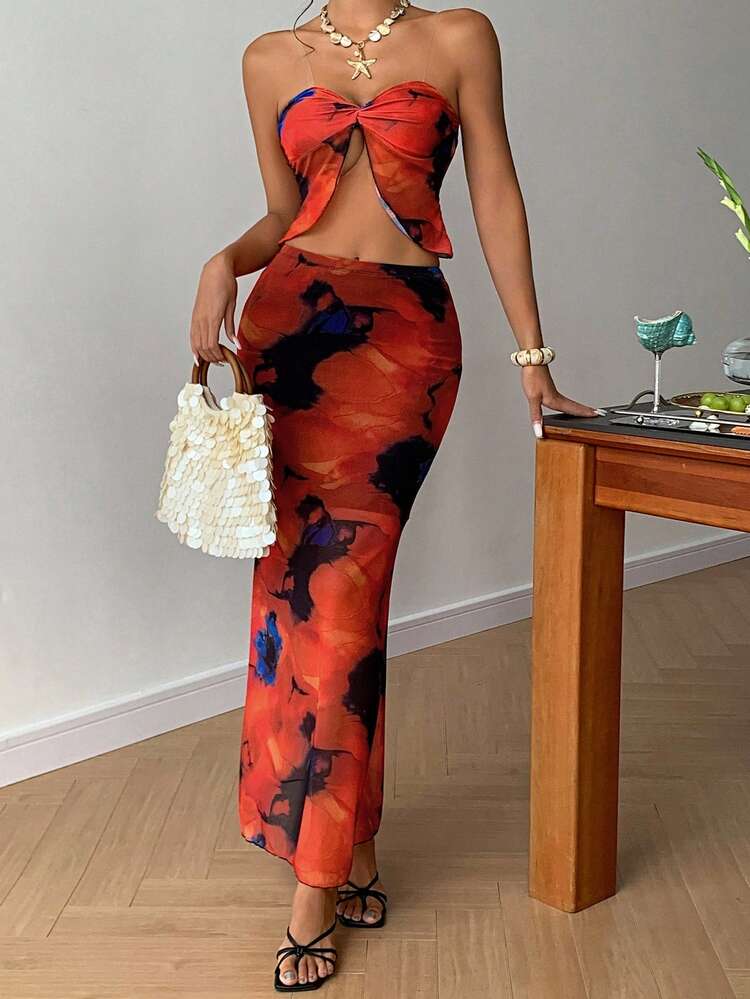 2pcs Women Summer Sexy Tie-Dye Print Twist Crop Top And Skirt Set Cruise Outfit For Women