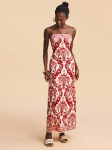 Travachic 女士多色印花露肩度假连衣裙 - 紅白色 - 查看 5