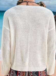 Manfinity VCAY 男士镂空圆领长袖不对称针织秋季毛衣男士针织上衣男士毛衣上衣男士休闲上衣男士钩针上衣男士开放式针织秋季毛衣，冬季 - 白色 - 查看 2