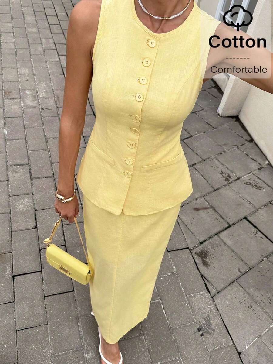 Siren Gaze 女教师商务休闲装，奶油黄色夏季女教师商务休闲装，返校季女装，复古风女式休闲套装，优雅纯色圆领修身背心、裤子和裙子套装。 - 黃色 - 查看 1