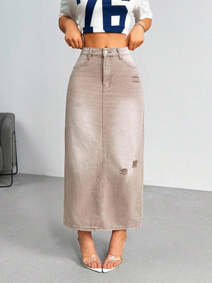 SHEIN EZwear 女式侧袋做旧长款直筒休闲牛仔中长裙 - 咖啡棕 - 查看 1