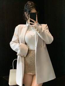 DAZY Women's Autumn/Winter Stand Collar Mid-Length Overcoat Jacket - Apricot - View 4