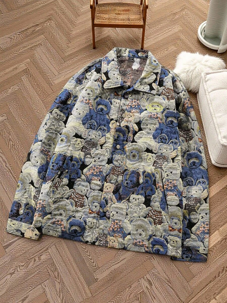 Manfinity Homme Men's Casual Bear Print Button Down Jacket, Autumn,Men Jacket,Fall And Winter Men Clothes,Winter Men Jacket,Funny Bear Jackte,Boyfriend Gifts, Men Graphic Jacket, Bear Graphic Jacket, Graphic Jacket Men, Men Jacket - Multicolor - View 1