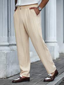 Manfinity Mode 大码男士纯色松紧腰口袋宽松直筒休闲裤 - 杏色 - 查看 3