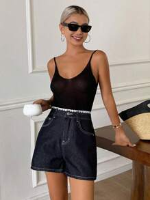 DAZY Quần short denim ống đứng kiểu phương Tây phối màu tương phản có túi dành cho nữ, quần short mùa hè. - Màu xanh lam - Xem 5