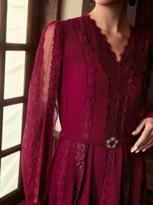 ZEYLAH 蕾丝拼布腰饰派对/正式连衣裙，秋冬 - Bold Plum - 查看 2