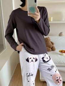 2件套少女可爱优雅灰色长袖运动衫和卡通小狗印花休闲舒适灰色打底裤家居睡衣套装 - 彩色 - 查看 3