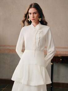 Anewsta Women's Champagne White Embroidered Button-Front Shirt, Long Sleeve, Spring/Autumn/Summer - Champagne - View 4