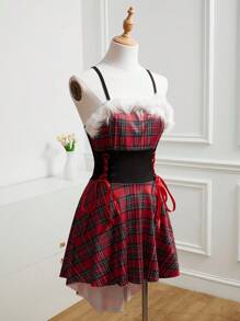 SHEIN Teen Girl's Plaid Patchwork Criss-Cross Strap Jumper Dress