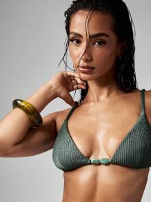 MISSGUIDED Textured Ribbed Triangle Bikini Set High Cut Brazilian Beachwear Summer Beaded Stone Detail Resort Wear Swimsuit Beach Pool Party Wear - Green - View 5