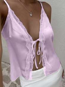 Chiquease Women's Solid Color Lace Panel Twist Designed Casual Summer Tank Top, Elegant - Purple - View 4