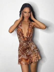 EgrlEra Women's Vintage Draped Neck Backless Dress, Suitable For Summer Vacation - Multicolor - View 3