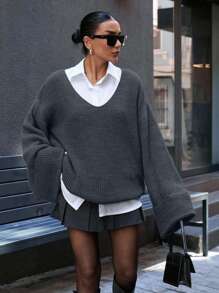 EURMUSE Áo len tay loe cổ chữ V sâu oversize thường ngày - Màu xám đen - Xem 5