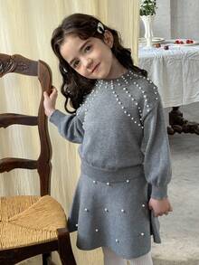 LMoss Kids 2件套少女纯色圆领修身毛衣和迷你裙 - 灰色 - 查看 6