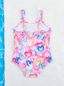 Baby Girls' Heart Print One-Piece Swimsuit, Cute For Swimming & Holiday