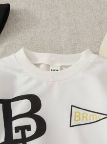 SHEIN 幼儿男童休闲运动罗纹针织圆领、袖口、下摆印花设计长袖上衣和裤子套装，秋冬 - 彩色 - 查看 5