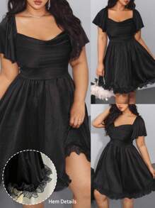 Viva Relle 大码女式春夏荷叶边袖垂领荷叶边 A 字型缎面休闲/派对迷你连衣裙 - 黑色 - 查看 1