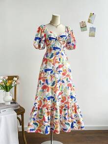 Soleia 女士彩色花卉印花泡泡袖 V 领荷叶边下摆浪漫长裙，适合婚礼、毕业典礼、返校派对、休闲单身派对、复古夏季、橙色热带印花长裙 - 彩色 - 查看 6