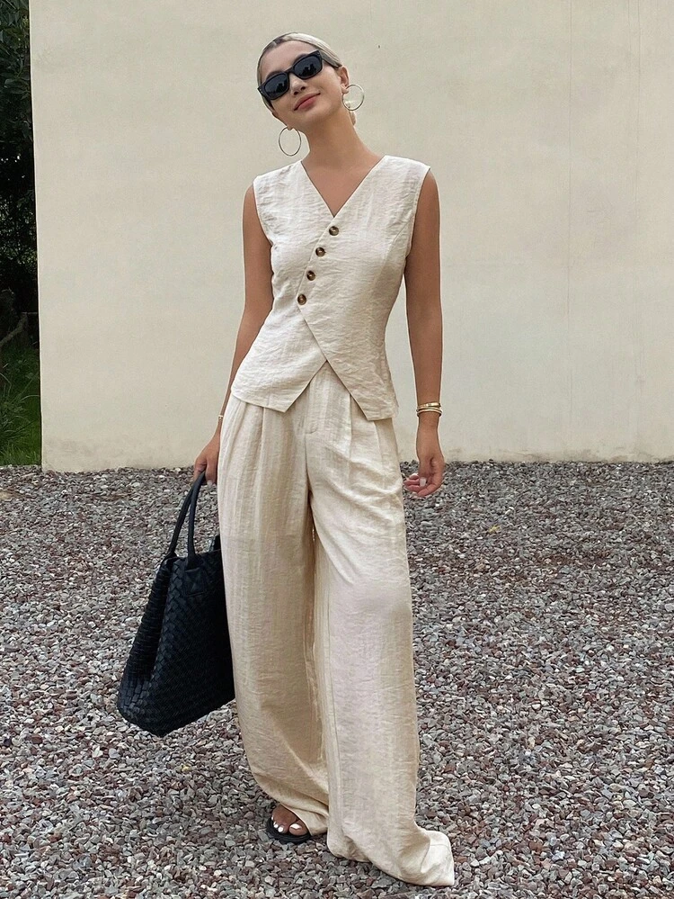 Women Summer V-Neck Short Sleeve Fitted Loose 2pcs Set (Top & Pants)