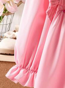 Vestido camisa de manga larga con decoración de moño 2 en 1 para niñas, minimalista y versátil de moda casual, vestido rosa de primavera y otoño para niñas, vestido de manga larga para niñas - Rosa - View 5