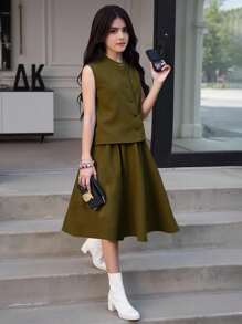 Tween Girls' Summer Casual Solid Color Tank Top & Mini Skirt Set - Olive Green - View 1