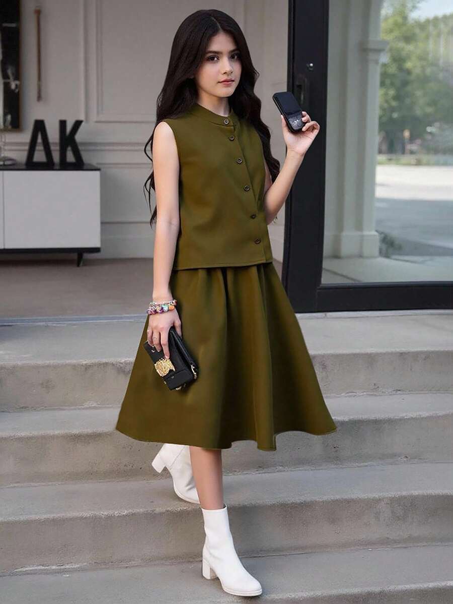 Tween Girls' Summer Casual Solid Color Tank Top & Mini Skirt Set - Olive Green - View 1